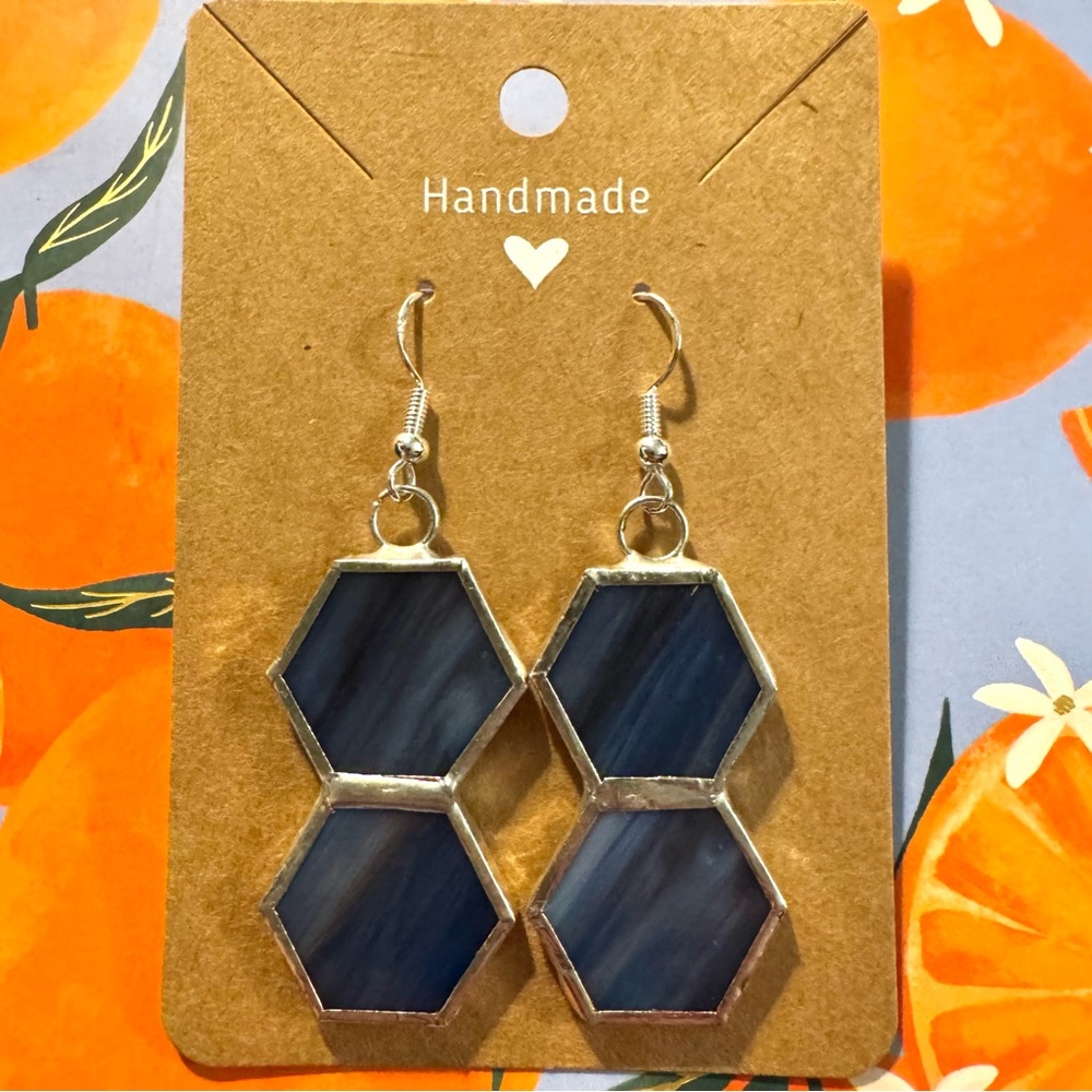 Handcrafted Dark Blue Stained Glass Hexagon Earrings